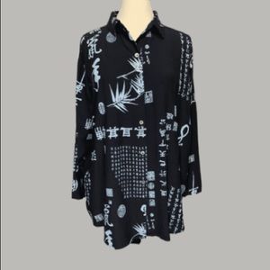 Soft Surroundings 1X Plus Size Asian Chinese Pagoda Novelty Print Button Blouse